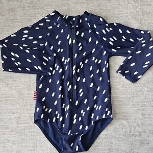 Girls' Navy Long-Sleeve Rashguard One-Piece Swimsuit with White Dot Print